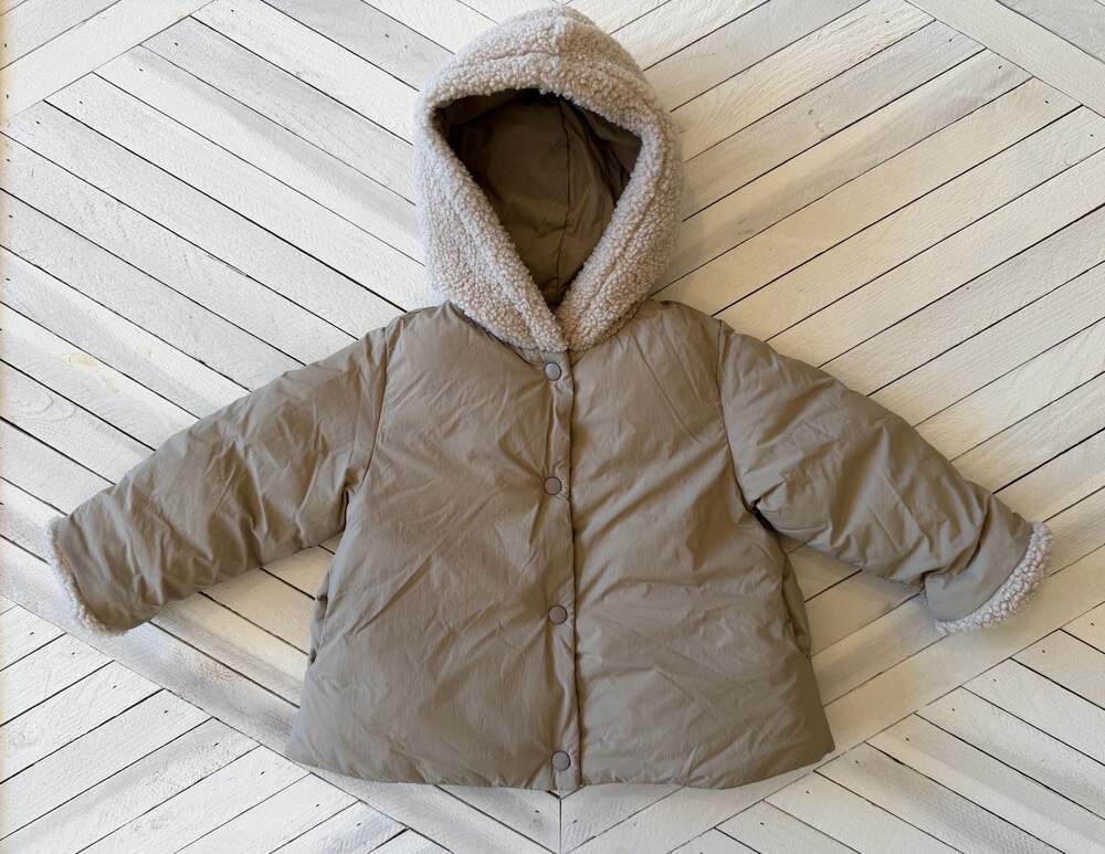 Zara Baby Girl Beige Hooded Puffer Coat Sherpa Trim Snap Front Size 9-12M